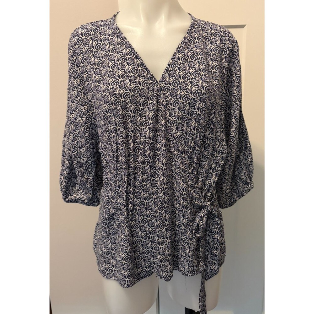 TALBOTS Womens Faux Wrap TOP Short Sleeve BLUE White PAISLEY Size XLP